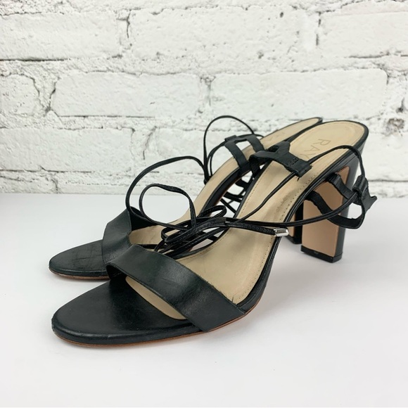 Raye Kendall Black Wrap Ankle Tie Lace Sandal Peep Heels Black Leather 10 - Picture 3 of 15